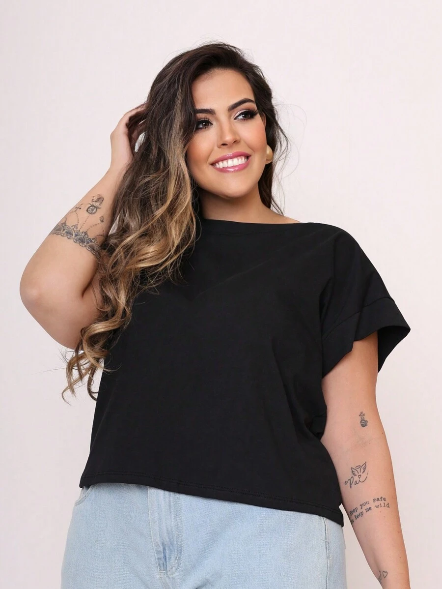 Cropped Feminino Plus Size Plain - 黑色 - 查看 1