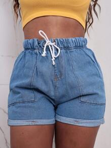 Women's Jeans Shorts With Elastic Waistband And Drawstring - 中等水洗藍 - 查看 6