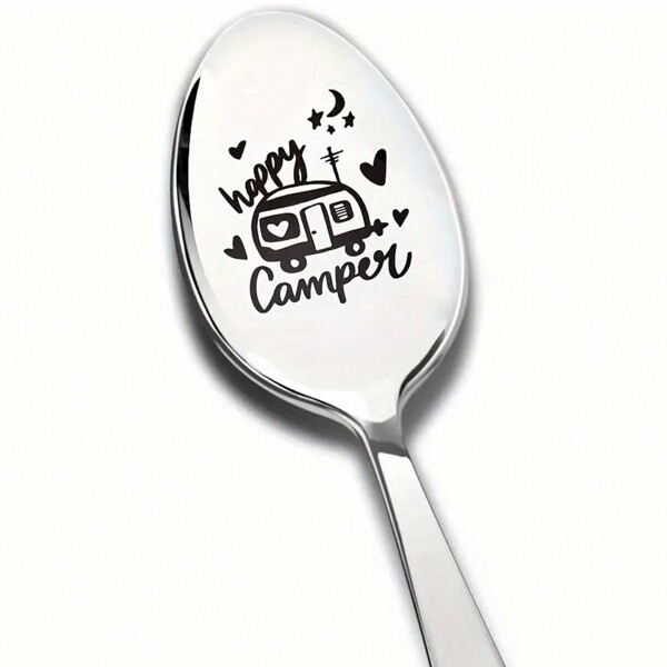 1pc Funny Happy Camper Engraved Stainless Steel Spoon, Best Tea Scoop Coffee Camping Spoon Gift For Campers, Birthday, Christmas Gift Home Room Decoration,Kitchen,Christmas Gift,School Supplies