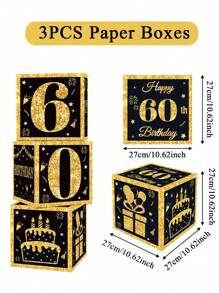 3 pièces Boîtes en papier noires et dorées, décoration de fête d'anniversaire 18e/30e/40e/50e/60e/70e/75e/80e, fournitures pour fête de 40/50/60 ans, décorations de fête d'anniversaire, boîtes décoratives pour fond de fête à la maison, décoration de fond de fête, accessoires photo, boîtes d'emballage cadeau