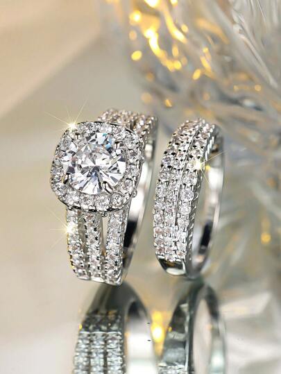 2pcs Luxury Round White Cubic Zirconia Silver Stackable Ring Set, Engagement/Wedding Jewelry Gift For Lover, Friend, Mother