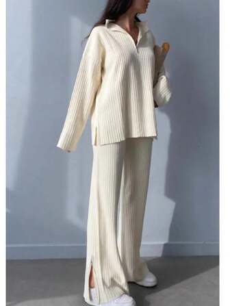 纯色休闲长袖上衣与阔腿裤套装