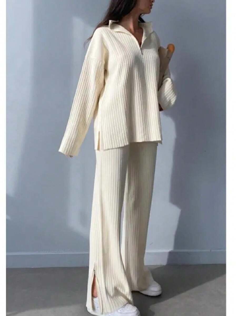 Solid Color Casual Long Sleeve Top And Wide Leg Pants Set - Beige - View 1