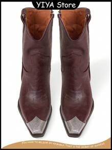 YIYA Engraved Metal Toe Western Boots For Woman Chunky Heel Cowgirl Booties Side Zip Ankle Western Boots - 棕色 - 查看 5