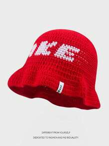 1pc  Street Hip-Hop Red Fisherman Beanie Knit Hat With CAKE Letter, Female Warm Headband Hat Handmade Crochet Wave Edge Ruffle Hat,Autumn/Winter Cute,Men's Vintage Street Style Knitted Hat Fashion Cool Bucket Hat Autumn And Winter Fashion Hat