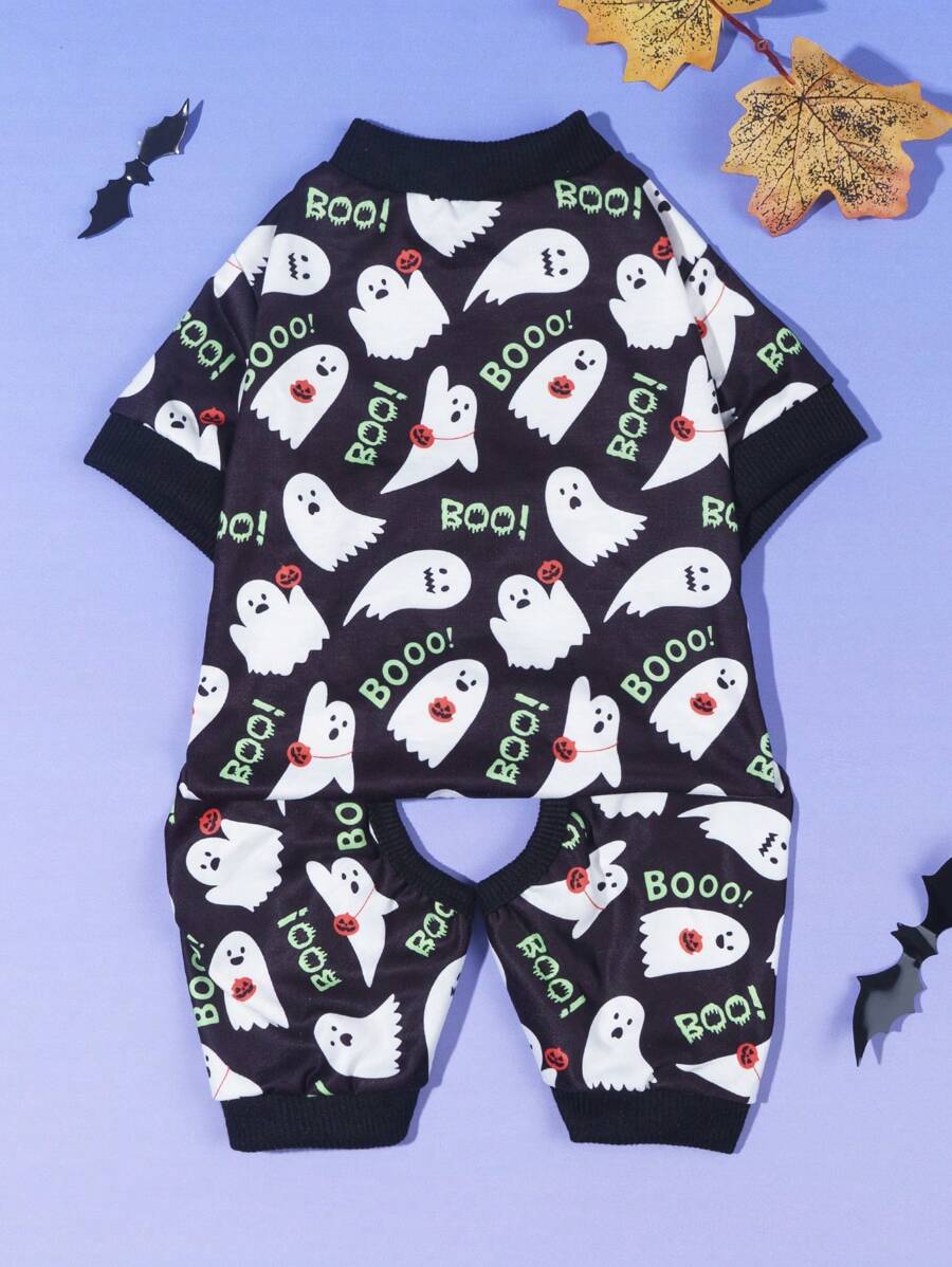 1pc Ghost & Pumpkin Print 4-Leg Jumpsuit Pajamas, Suitable For Cats & Dogs Indoor/Outdoor Wear