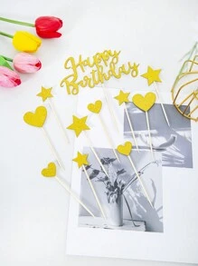 11 件生日快乐蛋糕装饰物，闪光纸板星星和心形生日快乐蛋糕装饰物，适用于生日派对装饰 - 彩色 - 查看 7