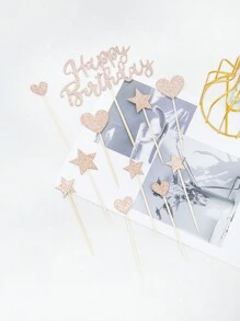 11 件生日快乐蛋糕装饰物，闪光纸板星星和心形生日快乐蛋糕装饰物，适用于生日派对装饰 - 彩色 - 查看 8