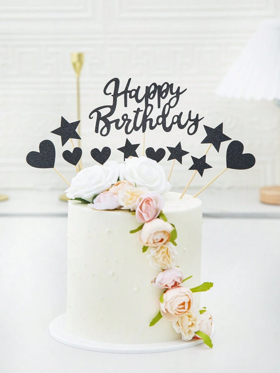 11 件生日快乐蛋糕装饰物，闪光纸板星星和心形生日快乐蛋糕装饰物，适用于生日派对装饰 - 彩色 - 查看 1