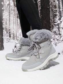 Women's Snow Boots Cozy Warm Insulated Lace Up Mid-Calf Waterproof Walking Hiking Festival Outdoor Grey Boots - 淺灰色 - 查看 1