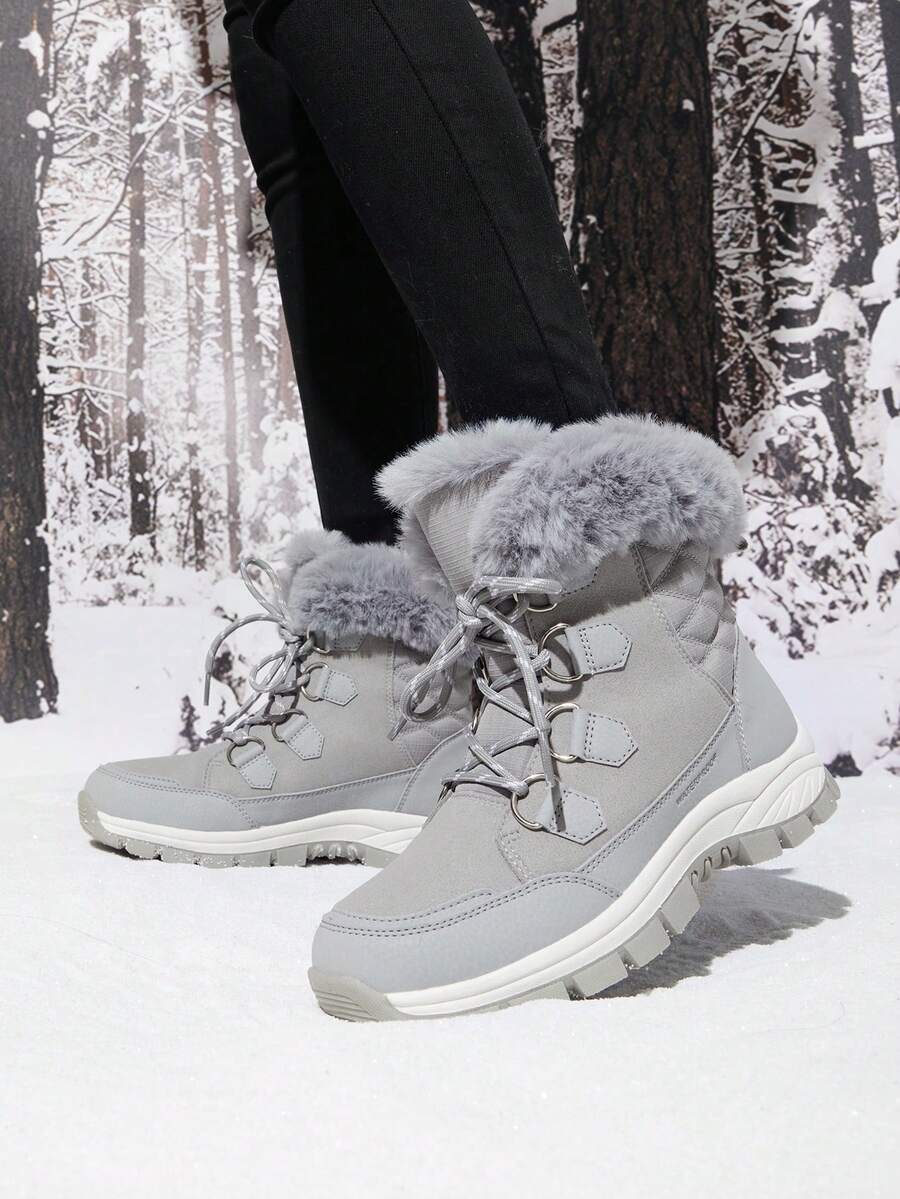 Women's Snow Boots Cozy Warm Insulated Lace Up Mid-Calf Waterproof Walking Hiking Festival Outdoor Grey Boots - 淺灰色 - 查看 1
