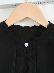 Young Girls' Elegant Solid Color Long Sleeve Hollow Out Knitted Cardigan, Autumn - màu đen - Xem 2