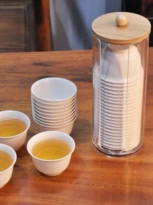 1 Pc, Wood Lid Transparent Teacup Organizer, Rice Husk Disposable Teacup Teacup Storage Utensil Storage Tube, Tea Utensil Storage, Teacup Organizer Back To School - Ginger - View 2