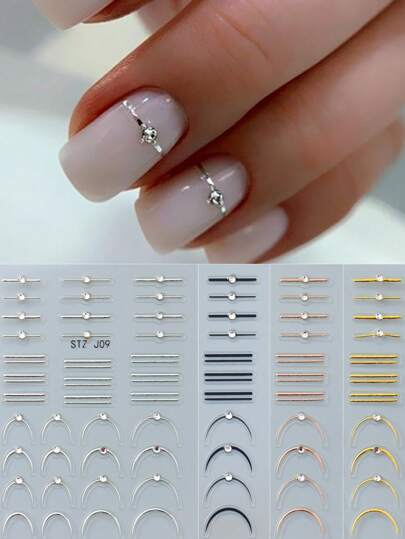 French Line Nail Art Stickers Relief Rhinestones Stripes Wave Y2K Metallic Relief Curve Japanese Design Nail Art Decals Manicure Decor