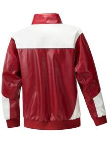 Men's Embroidered Motorcycle PU Leather Patchwork Red & White Color Block Stand Collar Jacket