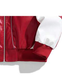 Men's Embroidered Motorcycle PU Leather Patchwork Red & White Color Block Stand Collar Jacket