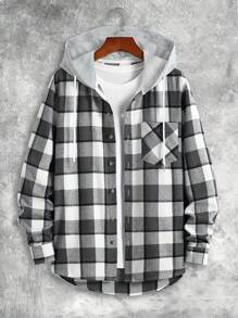 Men's Casual Fashion Plaid Hooded Shirt Jacket, For Fall