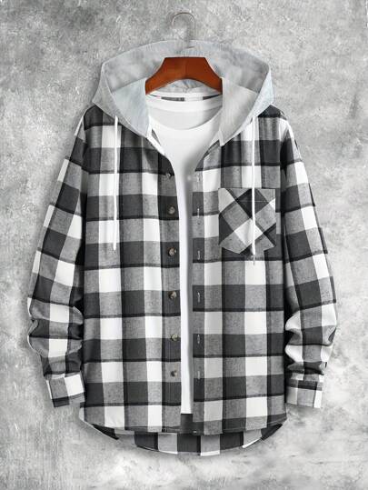 Men's Casual Fashion Plaid Hooded Shirt Jacket