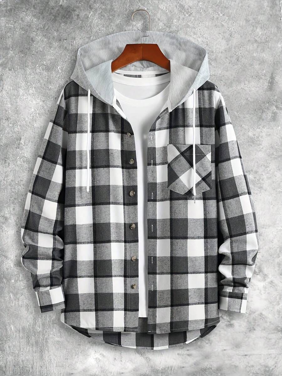 Men's Casual Fashion Plaid Hooded Shirt Jacket, For Fall