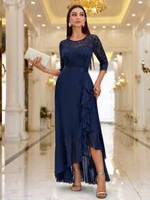 MIUSOL Đầm maxi dài tay lửng, ren hoa thanh lịch, thích hợp cho khách dự đám cưới và các dịp trang trọng. - Màu xanh hải quân - Xem 5