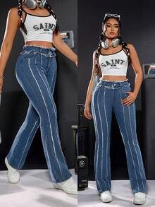 Women's Frayed Hem Flared Leg Jeans - Blue - View 7