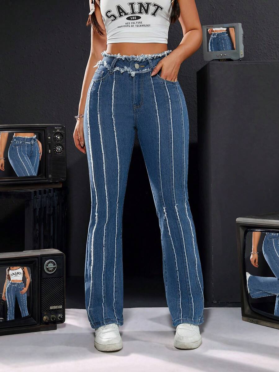 Women's Frayed Hem Flared Leg Jeans - Blue - View 1
