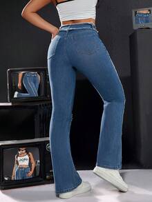 Women's Frayed Hem Flared Leg Jeans - Blue - View 2