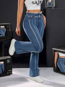 Women's Frayed Hem Flared Leg Jeans - Blue - View 4