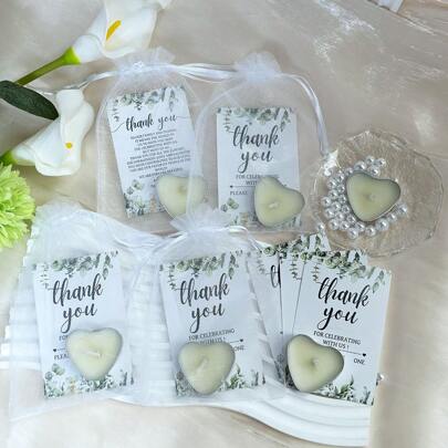 VICKYO 50pcs/Set Mini Candle Gift Box, Includes 50 White Heart Shaped Candles, Thank You Cards And Gift Bags, Suitable As Party Favors For Baby Shower, Gender Reveal, Wedding, Bridal Shower And Other Celebrations