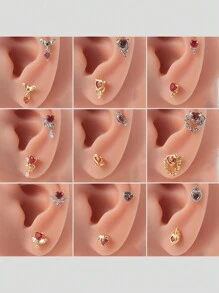 1PC Stainless Steel Red Zirconia Ear Studs Heart-Shaped Bat Evil Tragus Cartilage Screw Ball Earrings For Women Piercing Jewelry - As Shown - View 3