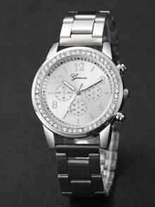 4 Peças Conjunto de Joias com Pulseira e Relógio Feminino de Quartzo, com Mostrador de Escala Numérica Árabe, Pulseira de Aço Inoxidável Prata, Estilo Clássico e Casual, Adequado para Uso Diário, Decoração e Presente para Amigos ou Feriados Atuais