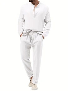 tooluck Mens Cotton Linen Outfits Lapel Shirt Pants Suit Long Sleeve Tops Trousers Outfit - 白色 - 查看 2