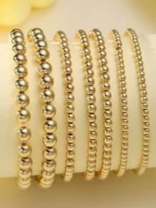 7 件/套时尚弹性塑料串珠手链，带圆珠，手工制作，适合春夏季 - 金色 - 查看 6