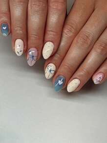 情人节美甲：30 件/套简约杏仁形心形、蝴蝶结、花卉图案粘性全覆盖按压假指甲，含 1 件果冻凝胶和 1 件指甲锉，适合女士和女孩、约会、派对、下午茶、户外美甲用品指甲 - 彩色 - 查看 1