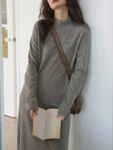 Women's Elegant Simple Mock Neck Knit Sweater Dress - Grey - View 4