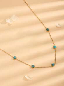 4pcs Vintage Style Elegant Round Turquoise Decor Stainless Steel Necklace, Beaded Bracelet, Pendant Necklace, Earrings 18K Gold Plated Fashion Jewelry Set, Suitable For Daily Wear - Jewelry Set - View 6