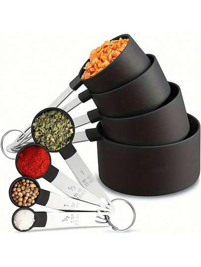 Set de 8 piezas, juego de tazas y cucharas medidoras, cucharas medidoras multifuncionales de plástico con mango de acero inoxidable, taza medidora, juego de cucharas medidoras graduadas, herramienta de horneado para cocinar y hornear, esenciales para apartamento, accesorios de cocina