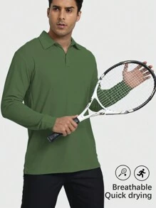 Speed mate Boyfriend Style Men's Solid Color Polo Sports And Casual Loose Long Sleeve T-Shirt, New Autumn And Winter Style,All-Match, Suitable For Business, Tennis And Horse Riding,Wrinkle-Resistant, Fashion , Basic Top,Breathable - Green - View 1