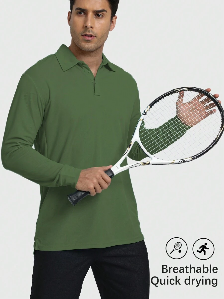 Speed mate Boyfriend Style Men's Solid Color Polo Sports And Casual Loose Long Sleeve T-Shirt, New Autumn And Winter Style,All-Match, Suitable For Business, Tennis And Horse Riding,Wrinkle-Resistant, Fashion , Basic Top,Breathable - Green - View 1