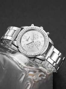 4 Peças Conjunto de Joias com Pulseira e Relógio Feminino de Quartzo, com Mostrador de Escala Numérica Árabe, Pulseira de Aço Inoxidável Prata, Estilo Clássico e Casual, Adequado para Uso Diário, Decoração e Presente para Amigos ou Feriados Atuais