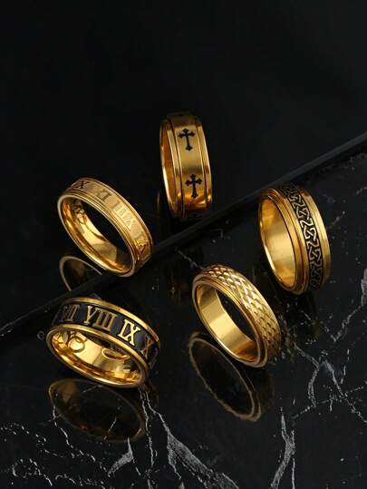 5 Pieces Fashion Stainless Steel Black Gold Roman Cross Text Serpentine Turning Ring Set Suitable For Men And Women Daily Matching Use Holiday Jewellery Halloween Decorative Elements Jewellery