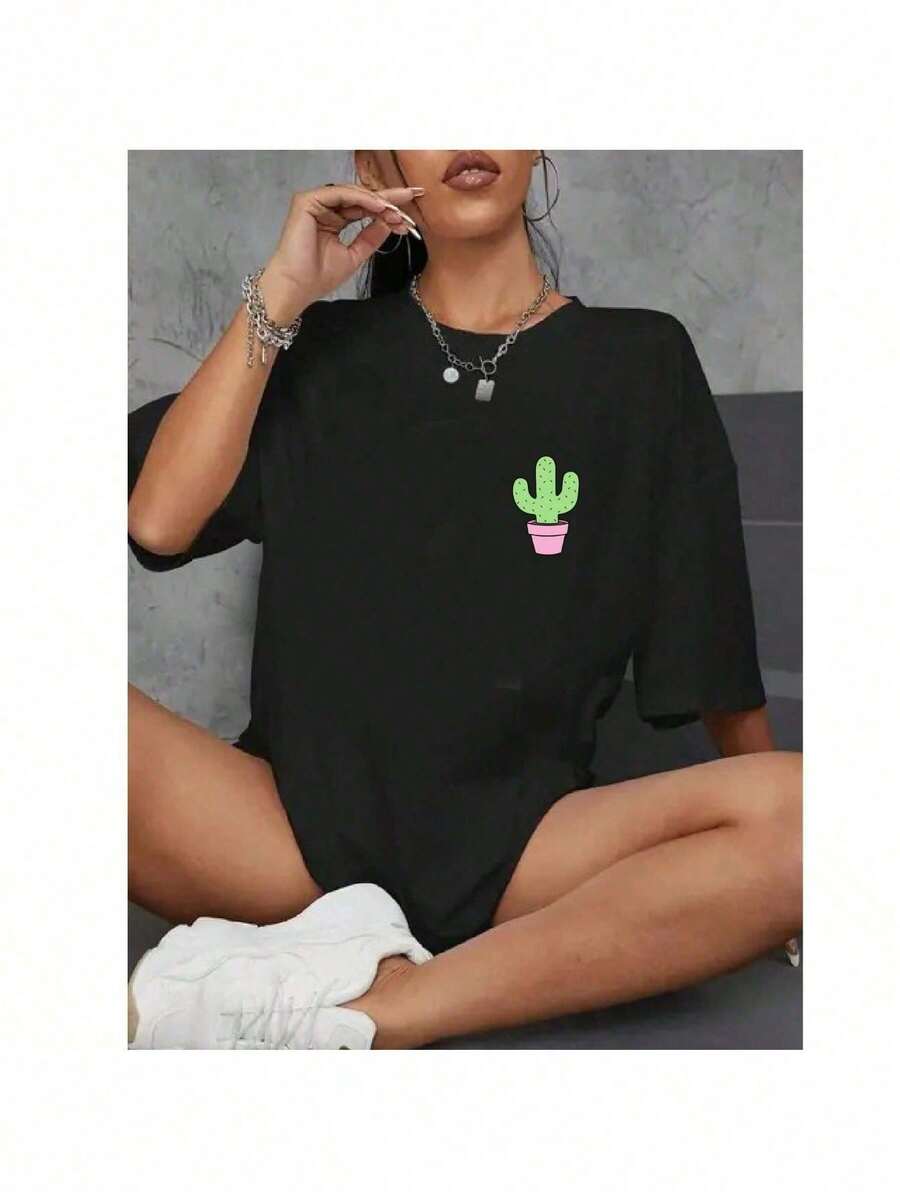 Women's T-Shirt Fashion Cactus Meigo Tumblr Espinho - màu đen - Xem 1