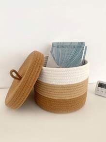 1pc Handmade Rope Woven Storage Basket With Lid, Solid Color - Multicolor - View 1