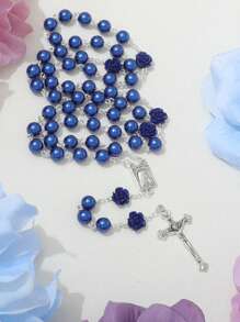 1 Pc Blue Pearl Rose Handmade Beaded Prayer Necklace With Cross And Virgin Mary Jesus Cross Pendant - Blue - View 3