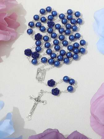 1 st Blue Pearl Rose Handgjort pärlband Bönhalsband med kors och jungfru Maria Jesus korshänge