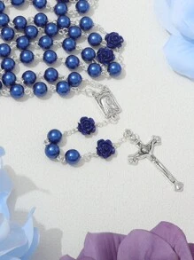 1 Pc Blue Pearl Rose Handmade Beaded Prayer Necklace With Cross And Virgin Mary Jesus Cross Pendant - Blue - View 5
