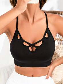 Black Sexy Hollow-Out Spaghetti Strap Sports Bra For Women, Breathable Yoga Camisole - Black - View 5