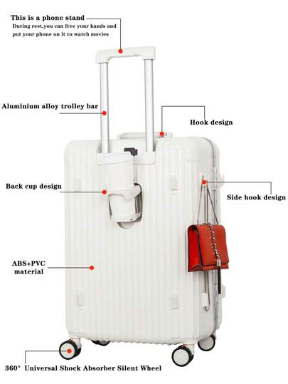 A 20/24-Inch Durable Large-Capacity Suitcase Can Be Loaded 30% More With Usb Port + Cup + Hooks + Mute Universal Wheels With Brake Function + Tsa Anti-Theft Lock Four-Wheeled Suitcase Suitcase Luggage Suitcase Suitcase Bag For School School Accessories School Stuff