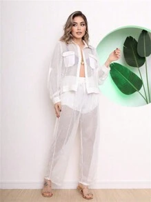 Beach Cover-Up Set, Long-Sleeved Shirt And Pants With Pocket On The Side - 白色 - 查看 4