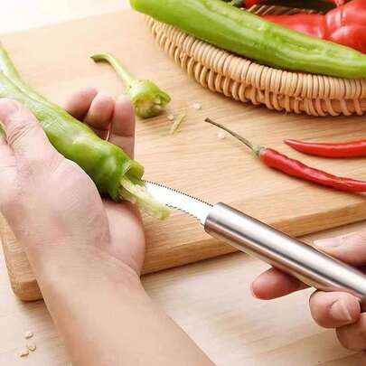 Stainless Steel Chili Corer, Pepper Seed Remover Tool, Kitchen Fruit & Vegetable Corer, Rotating Bitter Gourd Seed Extractor